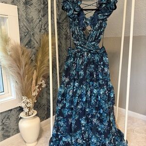 Elegant Floral Midi Dress in Navy Blue